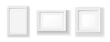Photo picture frames on wall, vector white mockups or empty posters. Square frame set. Frame mockup, 3d renderのイラスト素材