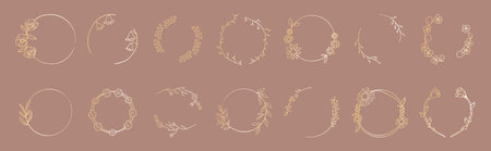 Set of Golden geometrical polyhedrons with flowers. Collection geometric frames. Collection geometric frames. Gold wedding invitation, luxury templates, decorative patternsのイラスト素材