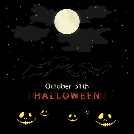 Halloween message design background. The starry sky and the moon, bats in the foreground and glowing mask.のイラスト素材
