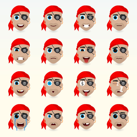 Set of cute pirate emoticons. Various emotions of the character. Set of avatar icons. Vector illustration.のイラスト素材