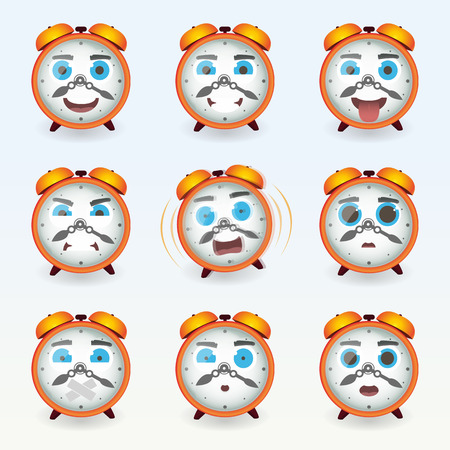 Set of cute alarm clock emoticons. Various emotions of the character. Set of avatar icons. Vector illustration.のイラスト素材