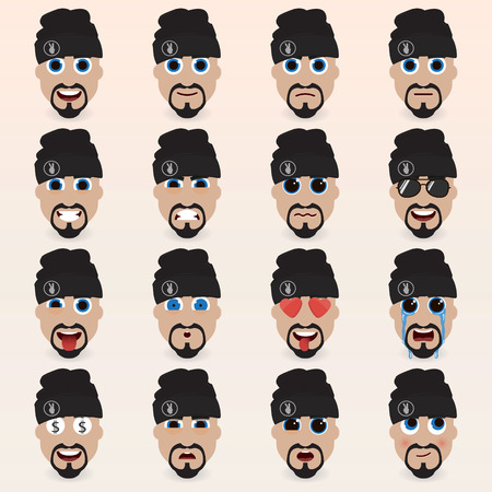 Set of cute man in a hat emoticons. Various emotions of the character. Set of avatar icons. Vector illustration.のイラスト素材