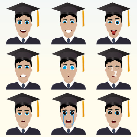 Set of cute graduate student emoticons. Various emotions of the character. Set of avatar icons. Vector illustration.のイラスト素材