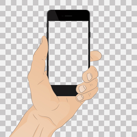 Hand holding black phone. Vector illustration.のイラスト素材