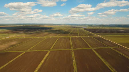 Aerial view of agricultural, cultivated fields. Agricultural landscape. Irrigated farmlandの写真素材