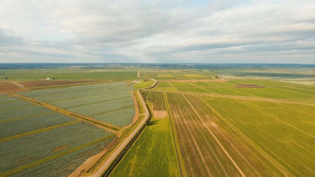 Aerial view of agricultural, cultivated fields. Agricultural landscape.Irrigated farmlandの写真素材