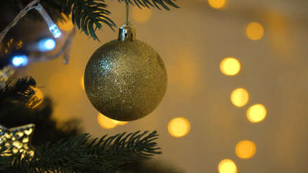 Decorated christmas tree with colorful balls. Christmas and New Year decorated interior room with New year tree.の写真素材