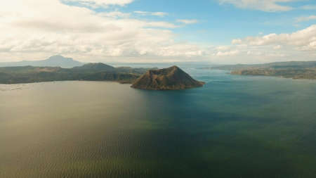 Aerial view Taal Volcano on Luzon Island North of Manila in Philippines. Volcano with a crater on an...