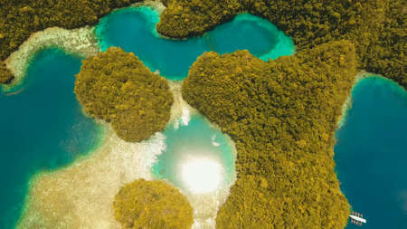 Aerial view: Bucas Grande Island, Sohoton Cove. Philippines. Tropical sea bay and lagoon, beach. Tropical landscape hill, clouds and mountains rocks with rainforest. Azure water of lagoon. Shore Landscape Bay. Aerial video.Seascape. Travel concept.の写真素材