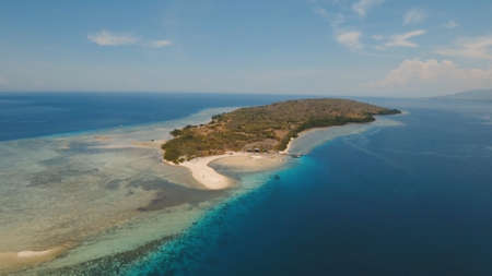 Aerial view tropical island Menjanga with white sand beach. Coral reef, atoll on Menjangan, colorful...