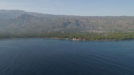 aerial seascape coastline with black sand beach, palm trees. Bali,Indonesia, travel concept.