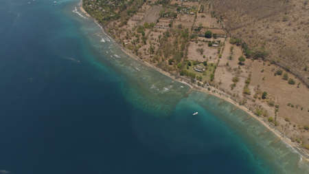 Lagoon with turquoise water and the beach in the sea bay aerial view tropical landscape, sea, boats...