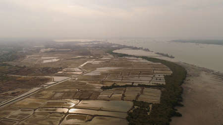 aerial view fish farm with ponds growing fish and shrimp and other seafood. Fish hatchery pond