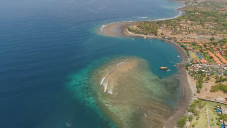 Lagoon with turquoise water and the beach in the sea bay aerial view tropical landscape, sea, boats...