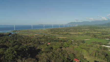 Aerial view of Windmills for electric power production on the coast. Bangui Windmills in Ilocos...