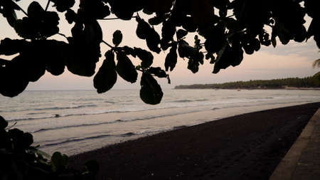 coastline with surf during sunset. sea sunset landscape on beach. Travel concept.