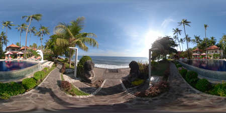 vr 360 swimming pool in luxury hotel with sun beds by sea. tropical resort with pool. Travel...