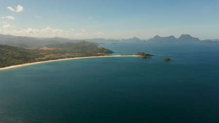 Aerial view Seascape with tropical islands, mountains and beaches. Nacpan, El Nido, Palawan, Philippines. Seascape with tropical beach and islands. Summer and travel vacation conceptの写真素材
