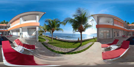 vr 360 swimming pool in luxury hotel with sun beds by sea. tropical resort with pool. Travel...
