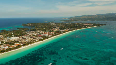 Aerial view of beautiful bay in tropical Island with white sand beach Boracay, Philippines. White...