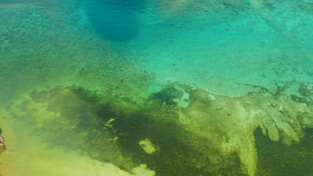 Sea water surface in lagoon, copy space for text, aerial view. Top view transparent turquoise ocean...