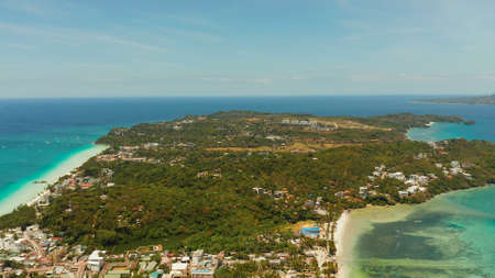 Costline of the tropical island of Boracay with sandy beaches and hotels from above. Summer and travel vacation concept. Philippines.の写真素材