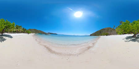 Sandy beach and palm trees by the sea, Philippines. Summer and travel vacation concept