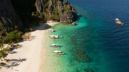 aerial view island with tropical sandy beach and palm trees. Malajon Island, Philippines, Palawan....