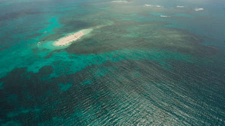 Sandy white island with beach and sandy bar in the turquoise atoll water, aerial drone. Tropical island and coral reef. Naked Island, Siargao.の写真素材