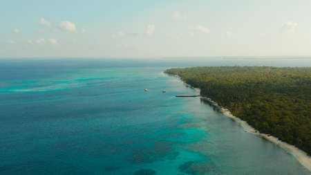 Seascape: Coast of tropical island covered by jungle with beautiful clouds, top view. Balabac, Palawan, Philippines. Summer and travel vacation concept.の写真素材