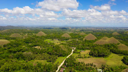 Aerial drone of the chocolate hills, a famous tourist destination on the island of Bohol, Philippines.の写真素材