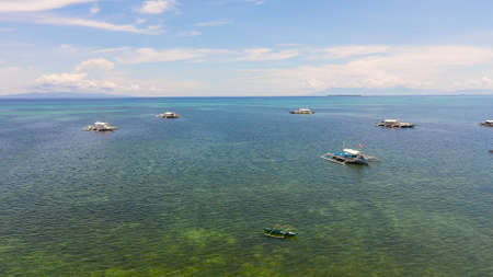 Aerial view of Traditional Filipino boats in the bay in turquoise water. Panglao, Philippines....