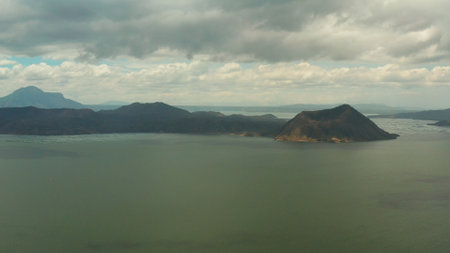 Taal volcano on an island in middle lake, aerial view. Luzon, Philippines Tropical landscape, mountains and volcano in the lake.の写真素材