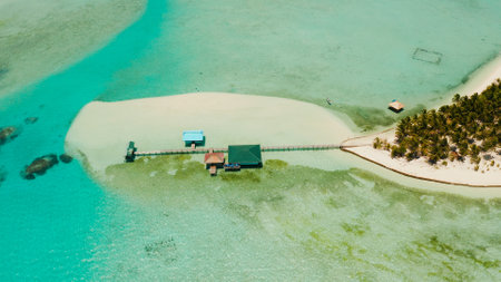 Tropical island in the ocean with palm trees on white sand beach. Onok Island, Balabac, Philippines. Summer and travel vacation conceptの写真素材