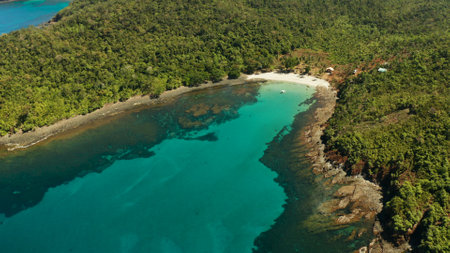 aerial view tropical sandy beach with coral reef and blue lagoon surrounded by rainforest. Palawan,...