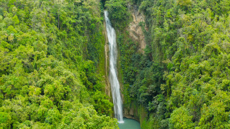 Mantayupan Falls in the jungle, island of Cebu, Philippines. Waterfall in the green forest.の写真素材