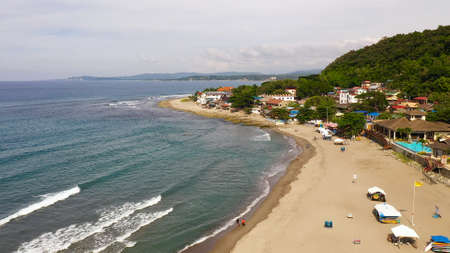 San Juan, La Union, Philippines. Sea coast with beach and hotels, top view. Beach for tourists....