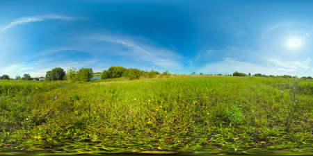 Landscape with a field, lake and green grass in the summer season. Rural landscape with pasture. 360VR.の写真素材