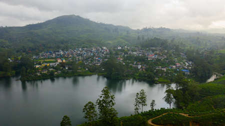 The town of Maskeliya, located on the shore of the lake among the mountains and tea plantations. Sri...