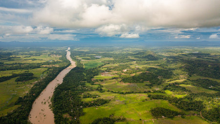 Rice fields and agricultural land in a valley among mountains. Sri Lanka.の写真素材