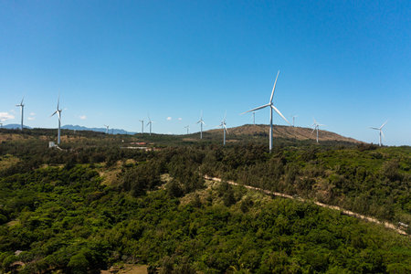Wind generators turbines and wind farm mills. Wind power plant. Philippines.