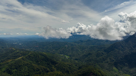 Aerial view of mountains with rainforest and jungle in the mountainous province. Borneo,Sabah, Malaysia.の写真素材