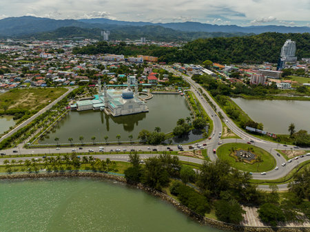 Aerial view of tourist attraction city mosque Bandaraya Kota Kinabalu. Sabah, Borneo. Malaysia.の写真素材