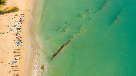 Tropical landscape with a beautiful beach and hotels top view. Trincomalee, Sri Lanka.の写真素材