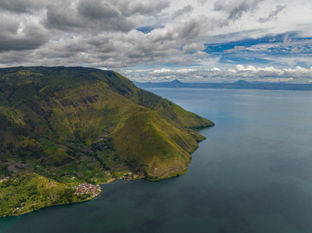 Aerial view of lake Toba lies in the northern part of Barisan Mountain Range. Sumatra, Indonesia.の写真素材