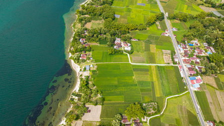 Aerial drone of farmland on Samosir Island. Sumatra. Indonesia.の写真素材