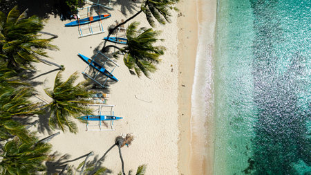 Top view of Beautiful sandy beach with palm trees and sea surf with waves. Pagudpud, Ilocos Norte Philippinesの写真素材