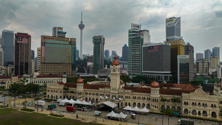 Kuala Lumpur, Malaysia - September 11, 2022: Aerial view of Merdeka Square surrounded by historical buildings and skyscrapers. Downtown Kuala Lumpur.のeditorial素材