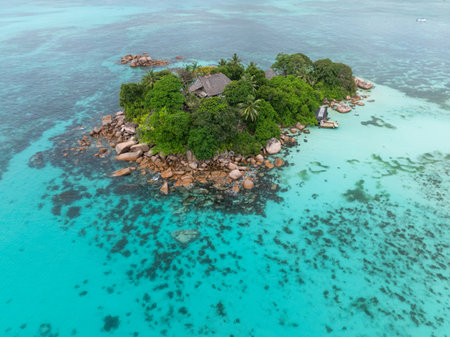 A lush island oasis encircled by crystal-clear waters and dotted with boulders. St Pierre Island. Seychelles.の写真素材