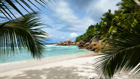 A tropical beach framed by green palm leaves, white sand, turquoise ocean waves, and granite boulders under a partly cloudy sky. Seychelles, La Digue. Anse Cocos.の写真素材